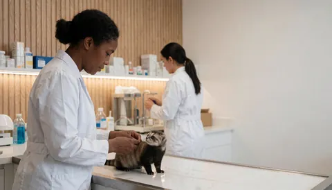Un furet est examiné par un professionnel lors d'une consultation en clinique vétérinaire.