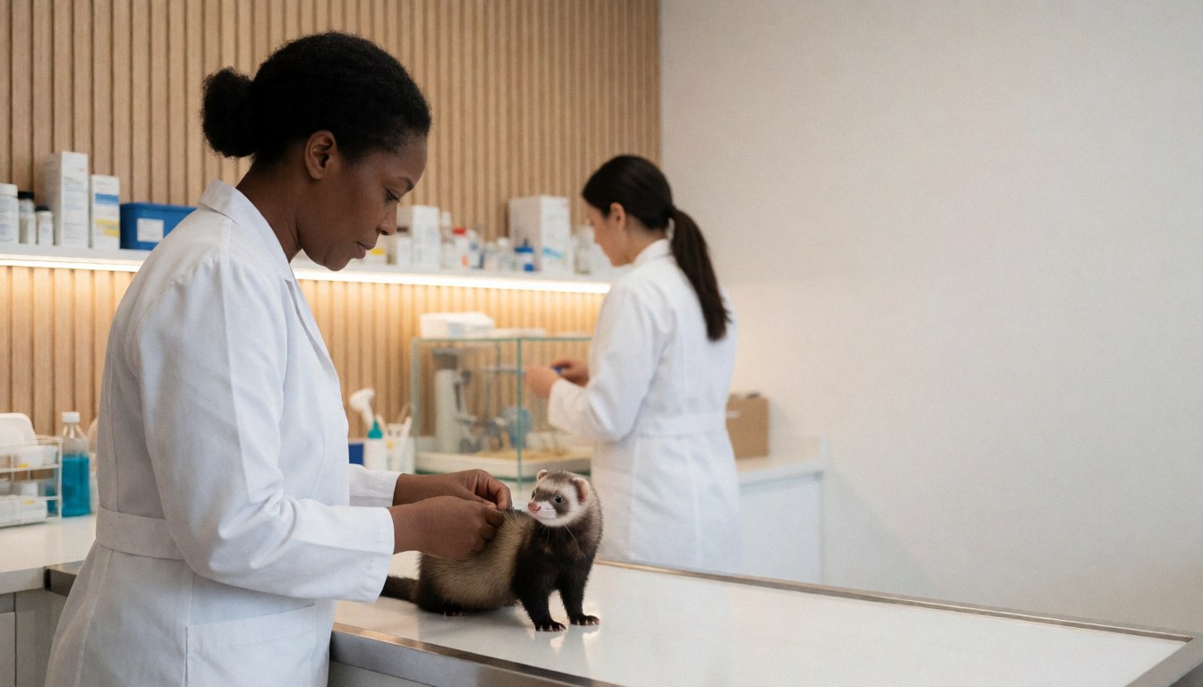 Un furet est examiné par un professionnel lors d'une consultation en clinique vétérinaire.