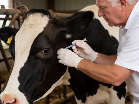 Un vétérinaire portant des gants administre une injection sur la tête d'une vache laitière dans un environnement rural calme.