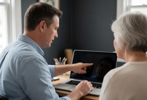 Un technicien informatique aide une cliente âgée avec un ordinateur portable dans un bureau à domicile, en montrant l'écran et en expliquant l'utilisation du dispositif.