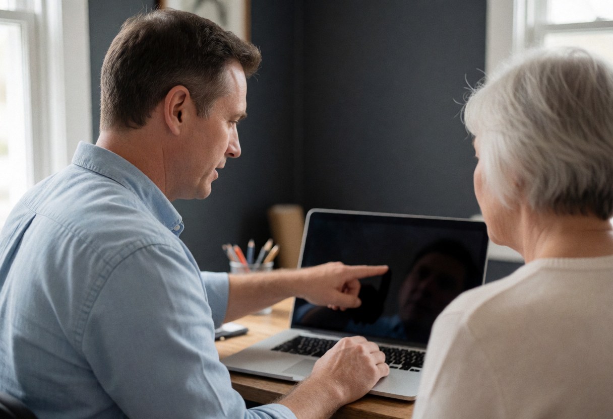 Un technicien informatique aide une cliente âgée avec un ordinateur portable dans un bureau à domicile, en montrant l'écran et en expliquant l'utilisation du dispositif.