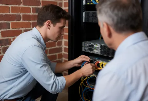 Un technicien connecte des câbles sur un serveur pendant qu'un client observe attentivement dans un environnement professionnel avec un mur en briques rouges.