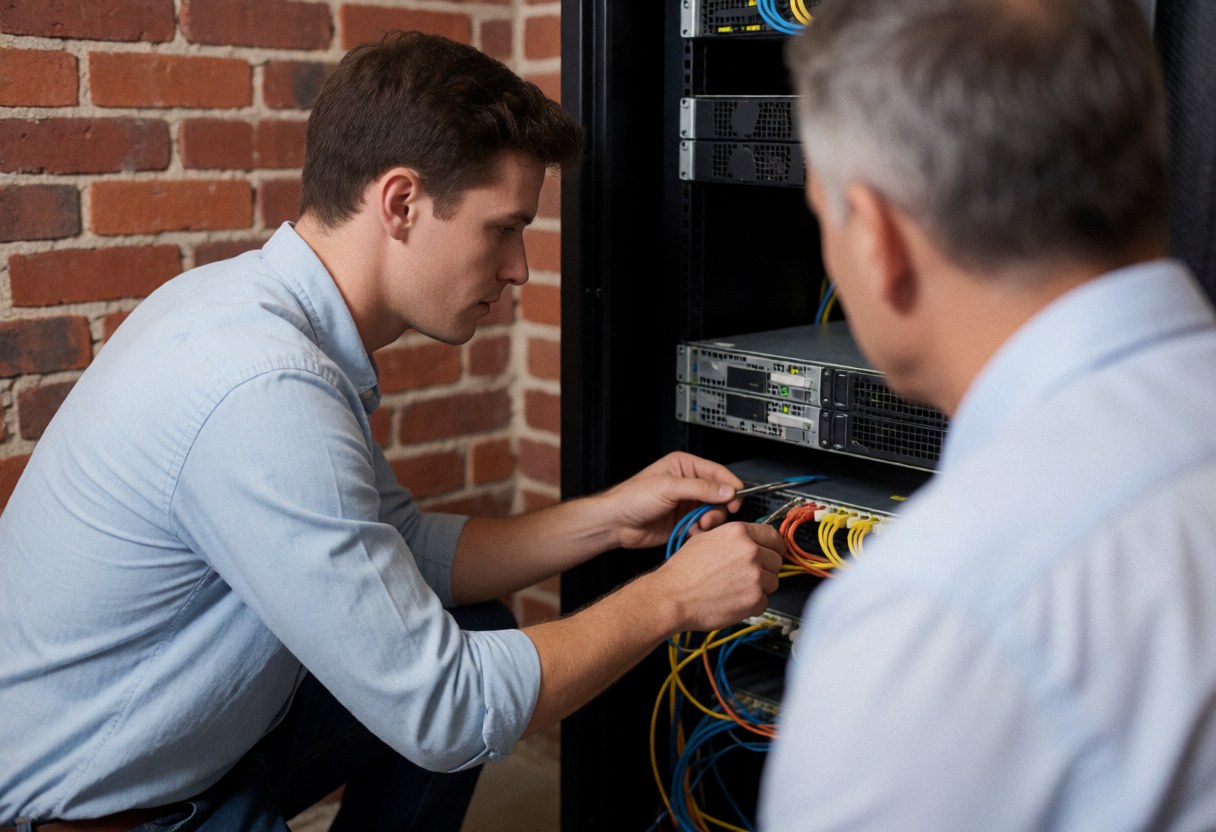 Un technicien connecte des câbles sur un serveur pendant qu'un client observe attentivement dans un environnement professionnel avec un mur en briques rouges.