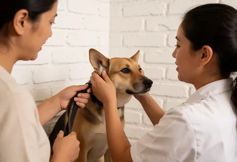 Une vétérinaire examine les oreilles d'un chien pendant que son propriétaire tient la laisse dans une clinique aux murs de briques blanches.