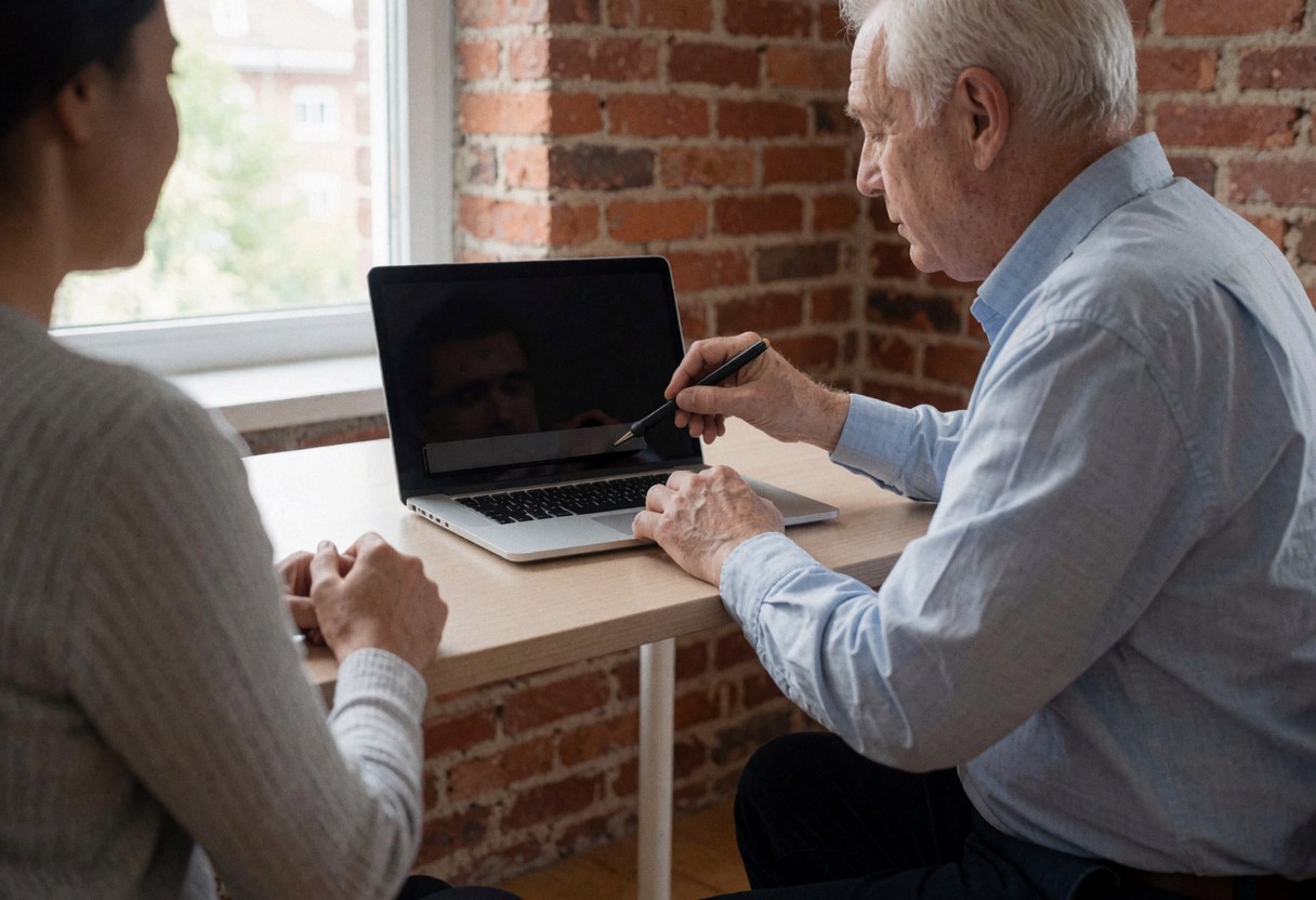 Un technicien installe un logiciel sur un ordinateur portable dans un bureau avec des murs en briques et une lumière naturelle.