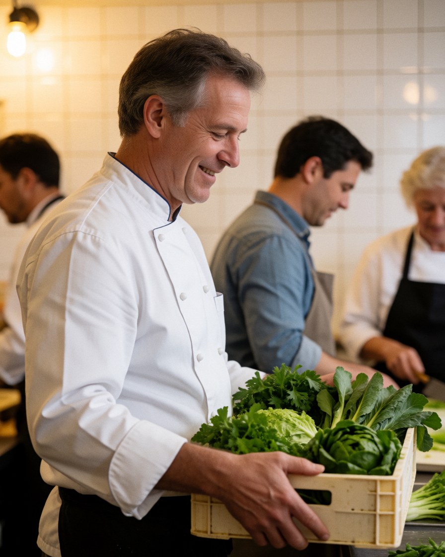 Un chef souriant tient une caisse de légumes frais dans une cuisine aux murs carrelés blancs, avec d'autres chefs travaillant en arrière-plan.