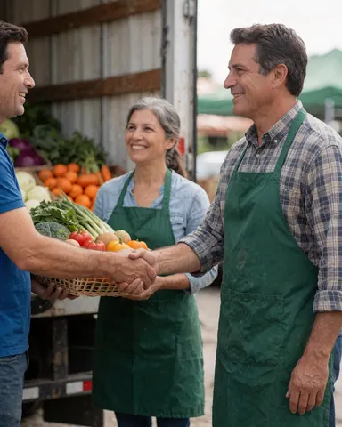 Un agriculteur souriant tient une caisse remplie de légumes frais lors de la réception d'une commande, illustrant la satisfaction client dans le secteur agricole.