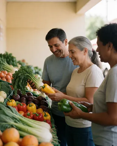 Un couple heureux sélectionne des piments et des légumes frais sur un stand de marché, baigné de lumière naturelle et de couleurs vibrantes.