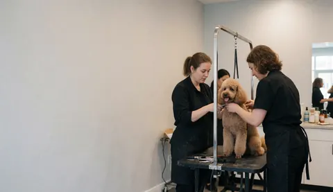 Deux professionnels du toilettage travaillent ensemble pour couper les poils d'un caniche dans un salon spécialisé, sur une table de travail avec des murs clairs.