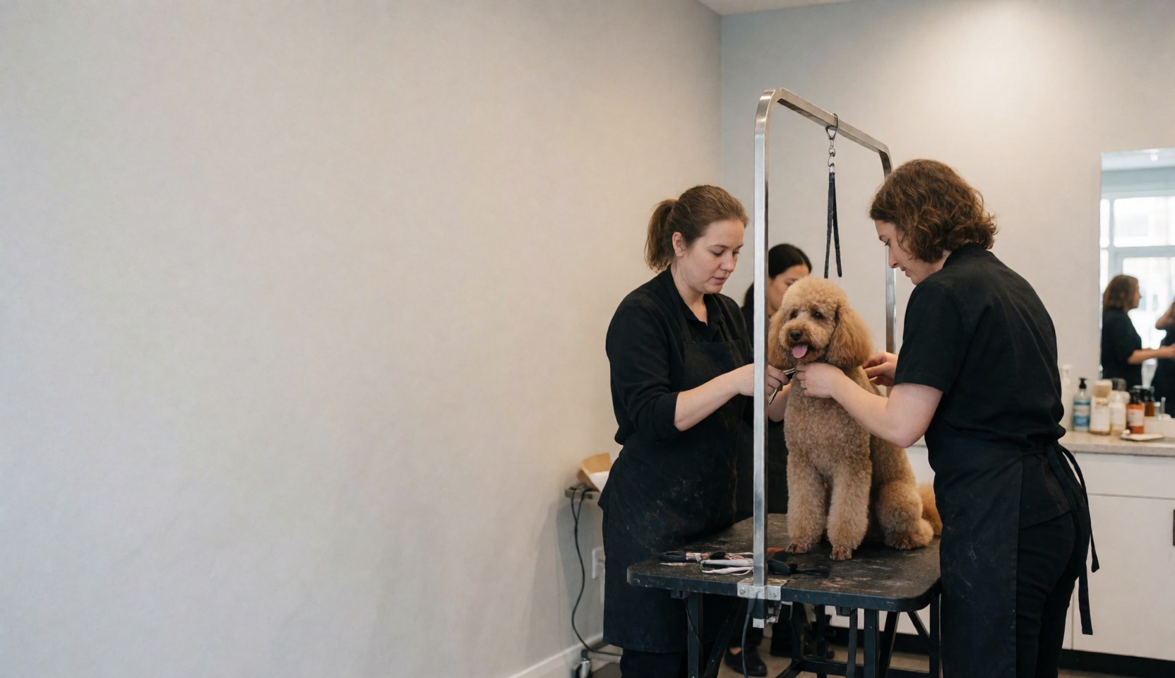 Deux professionnels du toilettage travaillent ensemble pour couper les poils d'un caniche dans un salon spécialisé, sur une table de travail avec des murs clairs.