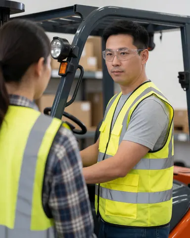 Un opérateur manœuvre un chariot élévateur dans un entrepôt logistique pour le transport de marchandises.
