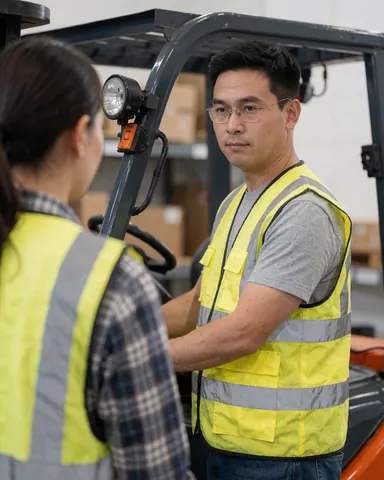 Un opérateur manœuvre un chariot élévateur dans un entrepôt logistique pour le transport de marchandises.