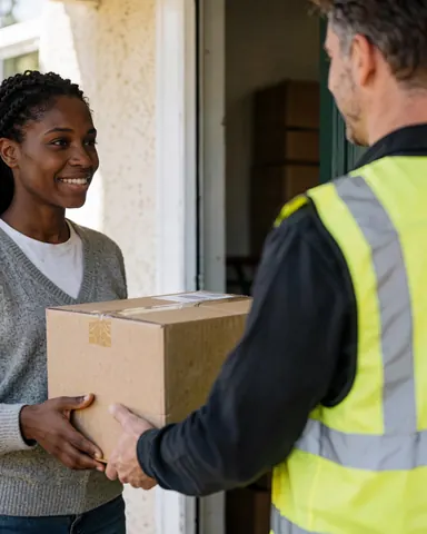 Le livreur remet un colis à la porte du domicile du client qui le reçoit avec un sourire.