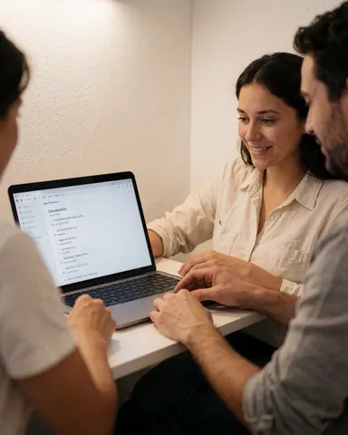 Une femme souriante regarde son écran d'ordinateur, satisfaite de son apprentissage en ligne.