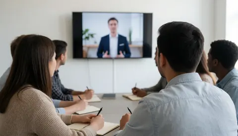 Un groupe de personnes assistent à un webinaire en direct, regardant attentivement l'écran pour suivre la présentation.