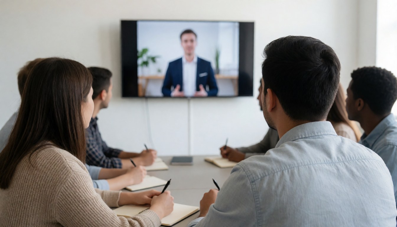 Un groupe de personnes assistent à un webinaire en direct, regardant attentivement l'écran pour suivre la présentation.