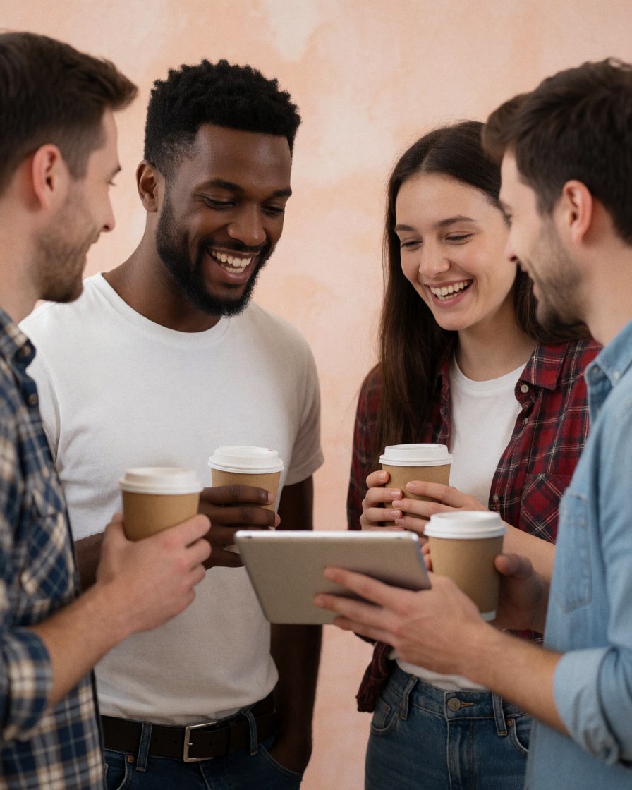 Quatre jeunes souriants dans un espace de coworking regardent une tablette tout en tenant des tasses de café, devant des murs de couleur terracotta.