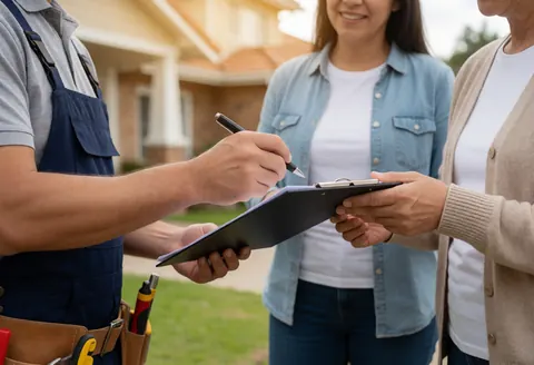 Un plombier professionnel remet un devis signé à un client devant une maison résidentielle.