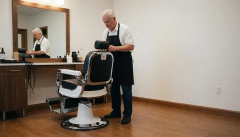 Un barbier expérimenté ajuste un fauteuil de barbier classique dans un salon vide aux murs blancs et au sol en bois, offrant un espace libre à droite pour texte ou logo.