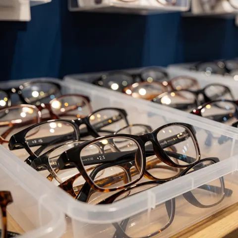Gros plan sur des lunettes de lecture posées dans leur étui rigide en plastique transparent, sur un fond bleu marine avec d'autres modèles en arrière-plan.