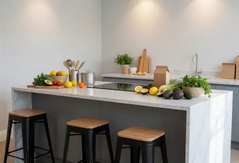 Vue d'une cuisine professionnelle équipée d'un grand îlot en marbre gris entouré de chaises, ornée de fruits frais et légumes sur un plan de travail propre et ordonné.