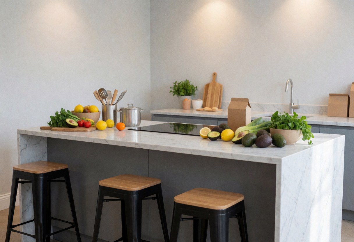 Vue d'une cuisine professionnelle équipée d'un grand îlot en marbre gris entouré de chaises, ornée de fruits frais et légumes sur un plan de travail propre et ordonné.