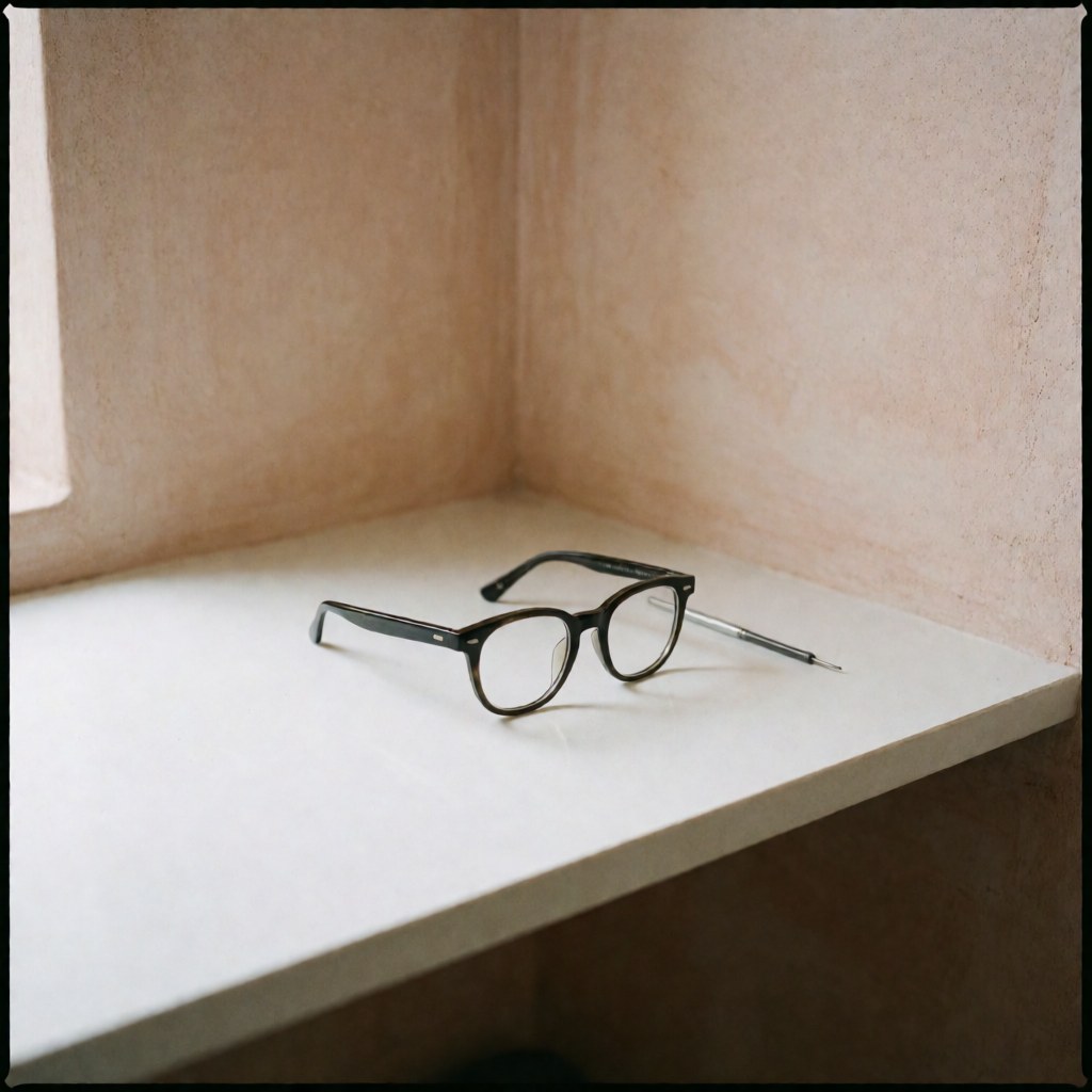 Paire de lunettes à monture noire posée sur une surface blanche, accompagnée d'un outil de réparation, avec un mur en terre cuite et un éclairage doux.