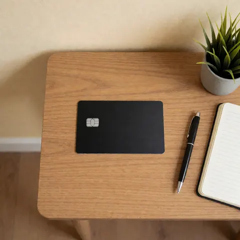Carte de crédit noire, carnet et stylo posés sur un bureau en bois avec mur beige, scène propre et professionnelle pour la finance et la banque.