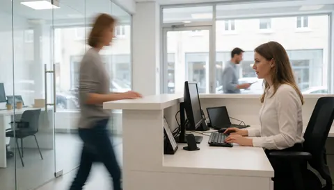 Un agent immobilier professionnel assis à son bureau dans un espace de travail lumineux et contemporain.