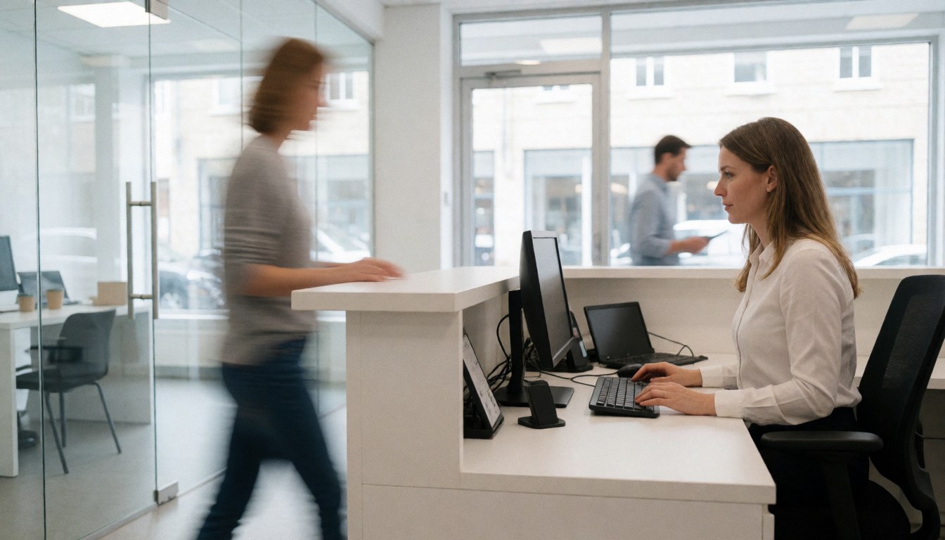 Un agent immobilier professionnel assis à son bureau dans un espace de travail lumineux et contemporain.