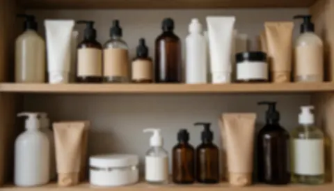 Ardoise en bois contenant divers flacons et tubes de cosmétiques sur fond neutre, créant une ambiance chaleureuse pour du texte promotionnel.