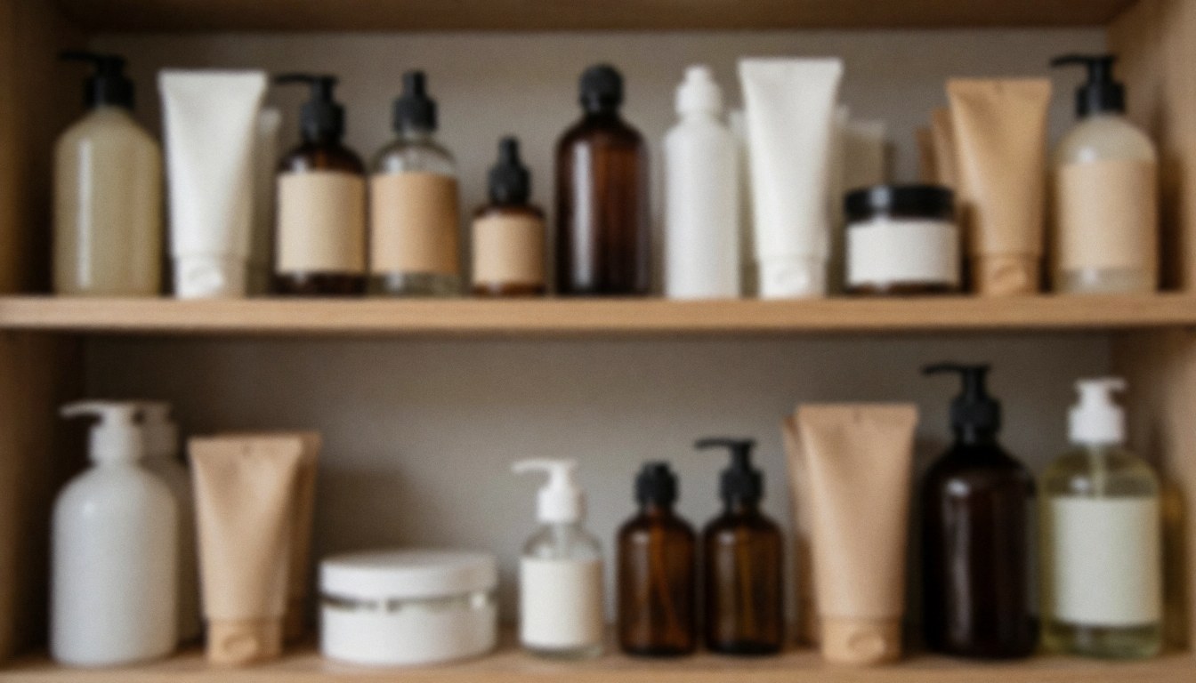 Ardoise en bois contenant divers flacons et tubes de cosmétiques sur fond neutre, créant une ambiance chaleureuse pour du texte promotionnel.