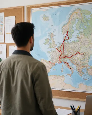 Vue arrière d'un agent de voyage observant une carte murale de l'Europe avec une corde rouge indiquant un trajet, dans un bureau équipé de tableaux.