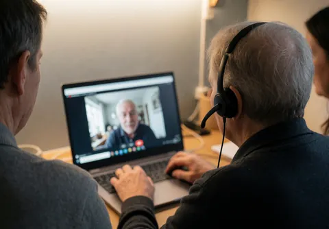 Un senior portant un casque participe à une réunion vidéo sur son ordinateur portable, les mains posées sur le clavier, dans un intérieur chaleureux aux murs gris.