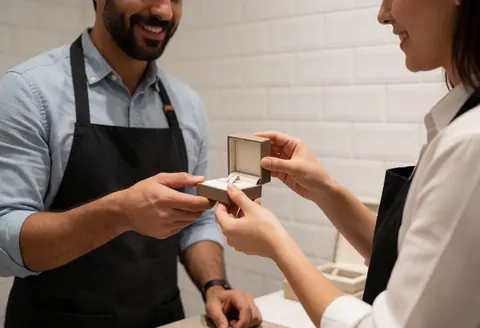 Un bijoutier professionnel tend une boîte à bijoux ouverte contenant une bague à un client souriant dans un magasin aux murs carrelés blancs.