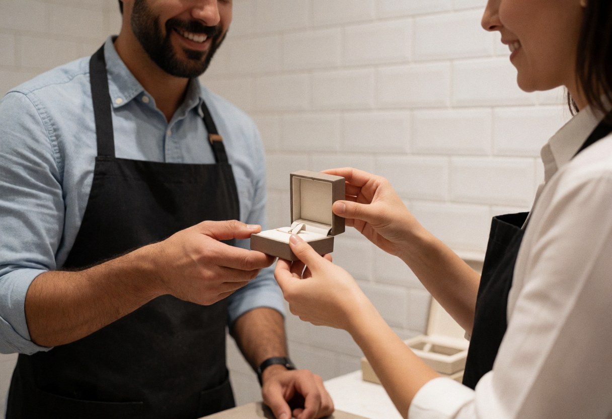 Un bijoutier professionnel tend une boîte à bijoux ouverte contenant une bague à un client souriant dans un magasin aux murs carrelés blancs.