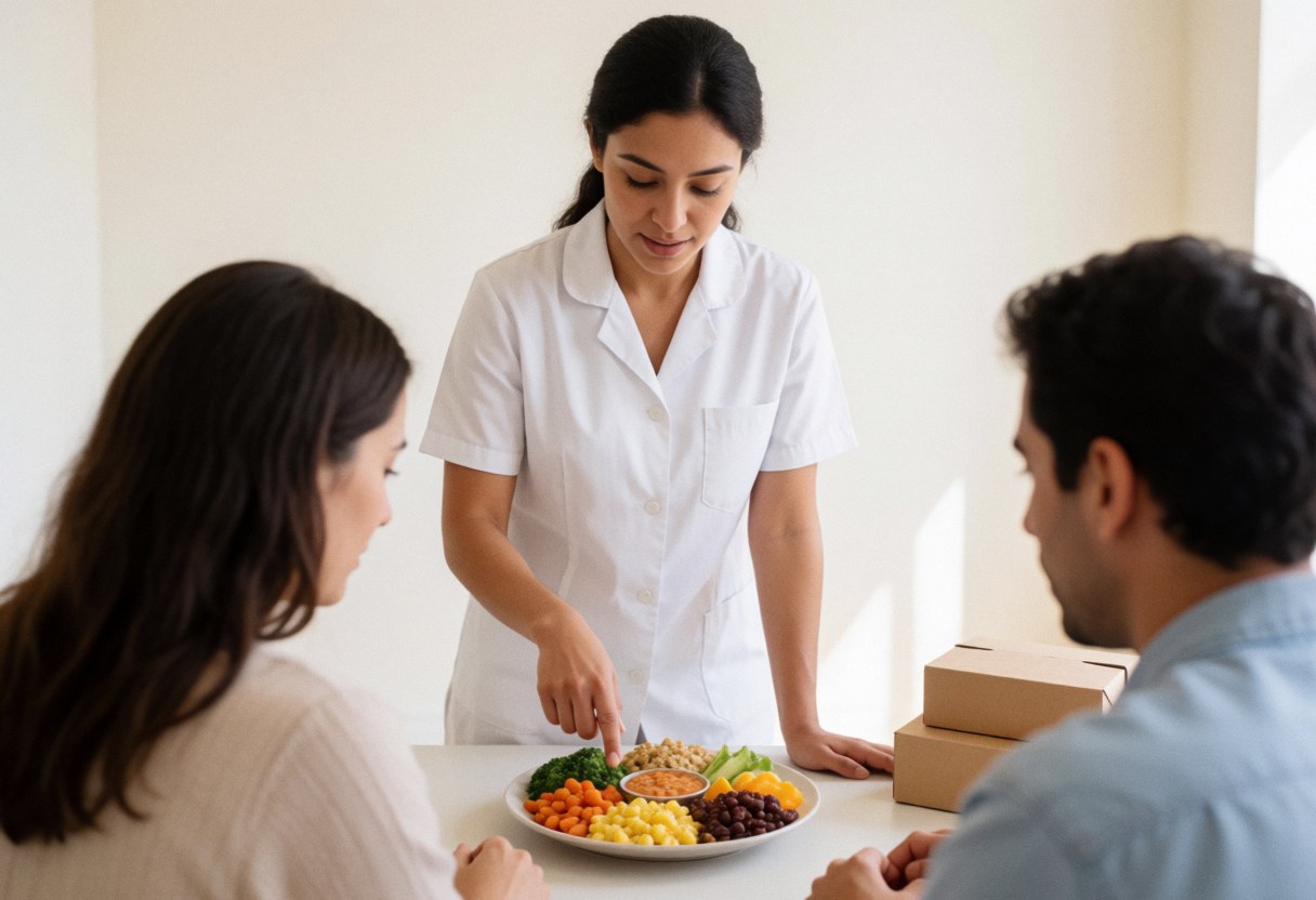 Un nutritionniste en clinique explique à un client un plat d'aliments sains, illustrant la planification d'un régime personnalisé dans un environnement moderne.