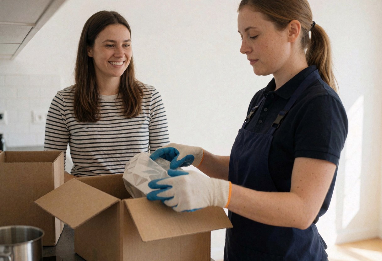 Un déménageur en gants déballe un objet d'une caisse tandis qu'une cliente sourit à ses côtés dans une cuisine contemporaine.