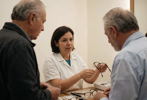Un optométriste explique les caractéristiques d'une paire de lunettes à un client dans un magasin d'optique.