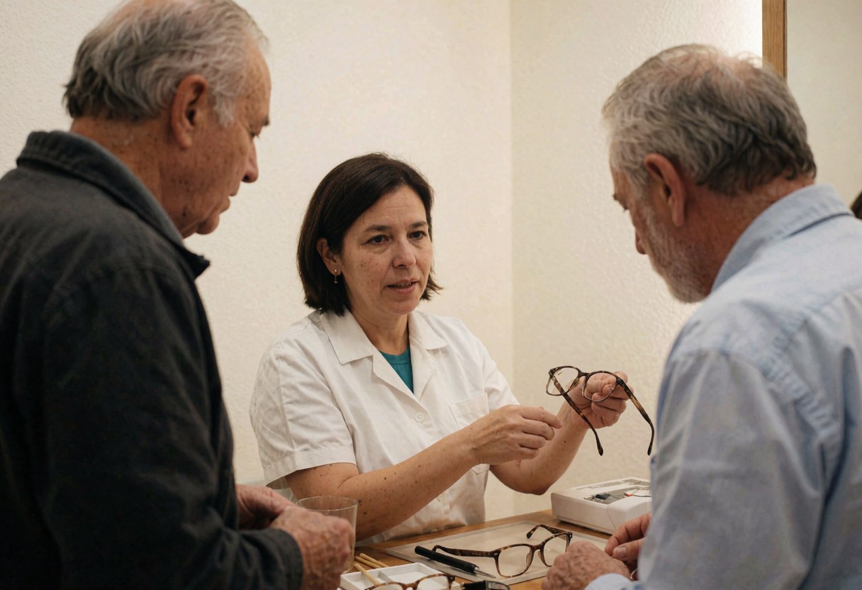 Un optométriste explique les caractéristiques d'une paire de lunettes à un client dans un magasin d'optique.