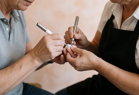 Une manuciste utilise des outils pour limer les ongles d'une cliente dans un salon de beauté aux murs terracotta, capturant un moment réaliste du service.