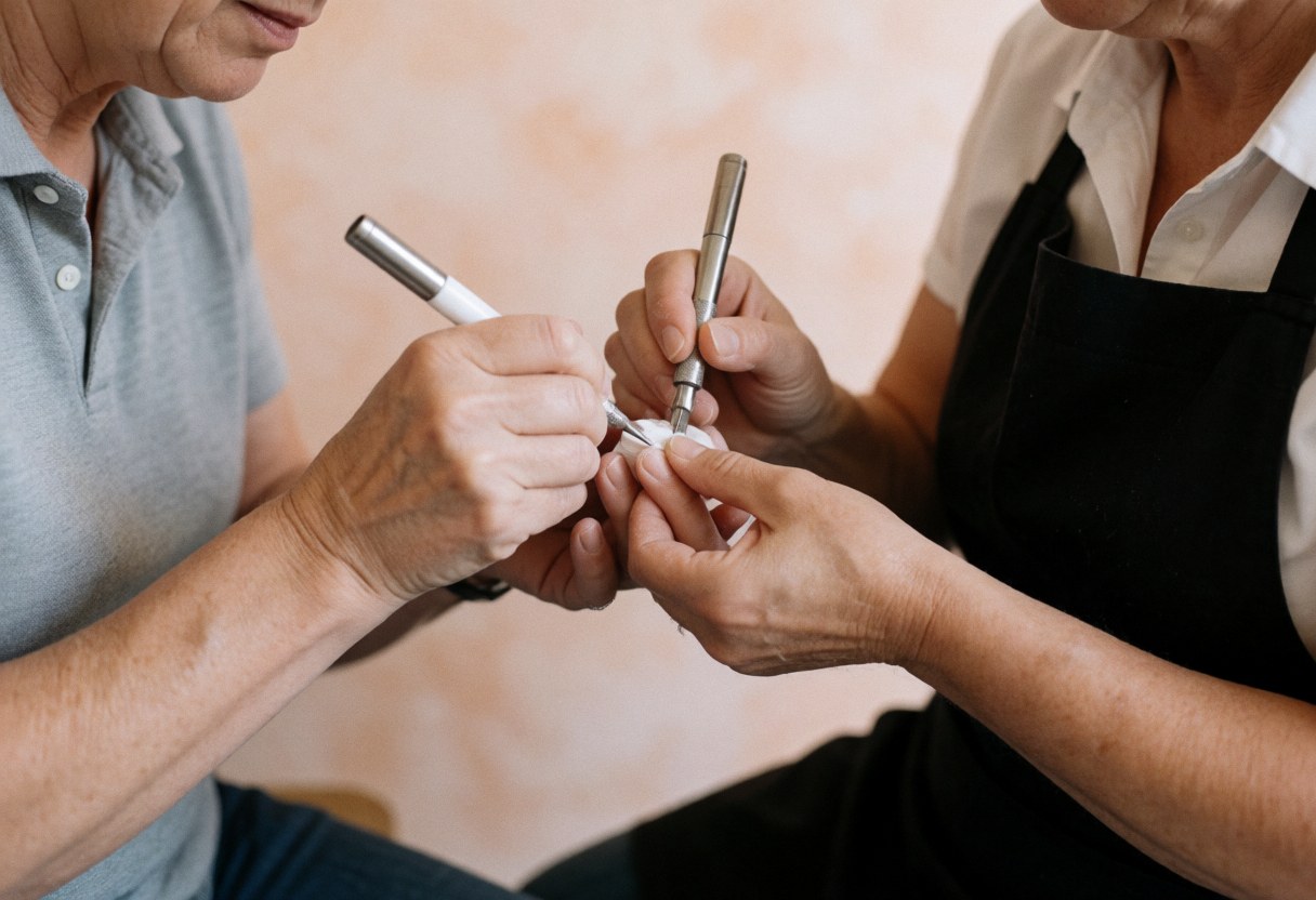 Une manuciste utilise des outils pour limer les ongles d'une cliente dans un salon de beauté aux murs terracotta, capturant un moment réaliste du service.