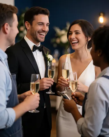 Un couple de mariés tient des coupes de champagne et sourit lors d'une réception de mariage décorée avec des lumières chaudes.