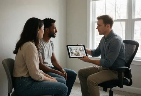 Une intérieuraliste explique des choix de design à un couple dans son bureau, utilisant une tablette avec des rendus, éclairée par la lumière naturelle.