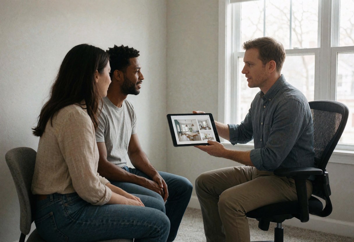 Une intérieuraliste explique des choix de design à un couple dans son bureau, utilisant une tablette avec des rendus, éclairée par la lumière naturelle.