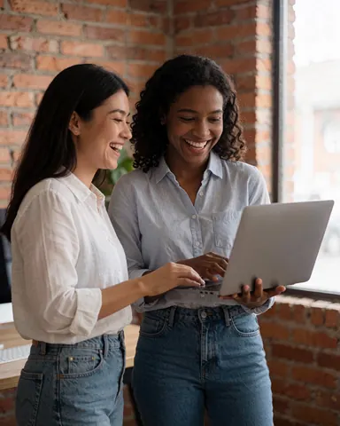 Deux jeunes femmes professionnelles sourient en regardant un écran d'ordinateur portable dans un espace de travail lumineux aux murs de briques, vêtues de chemises et jeans.