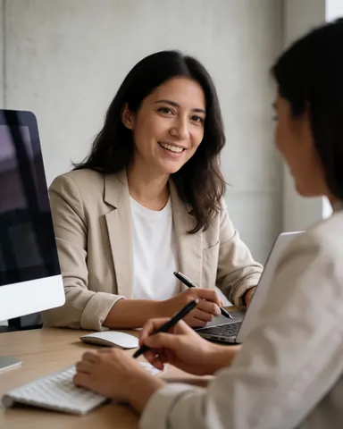 Une femme professionnelle travaille avec un ordinateur portable et une souris, souriant lors d'une discussion en bureau moderne.