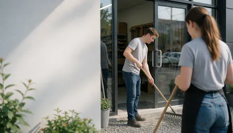 Un homme racle du gravier à l'entrée d'un magasin de bricolage moderne avec des vitrines en verre et des outils visibles, tandis qu'une femme travaille à proximité.