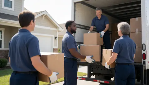 Des déménageurs en uniforme bleu et gants chargent des boîtes en carton sur un camion devant une maison par temps ensoleillé.