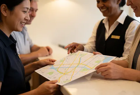 Réceptionniste d'hôtel présentant une carte de la ville aux clients. Sourires, ambiance chaleureuse et interaction réaliste à la réception.